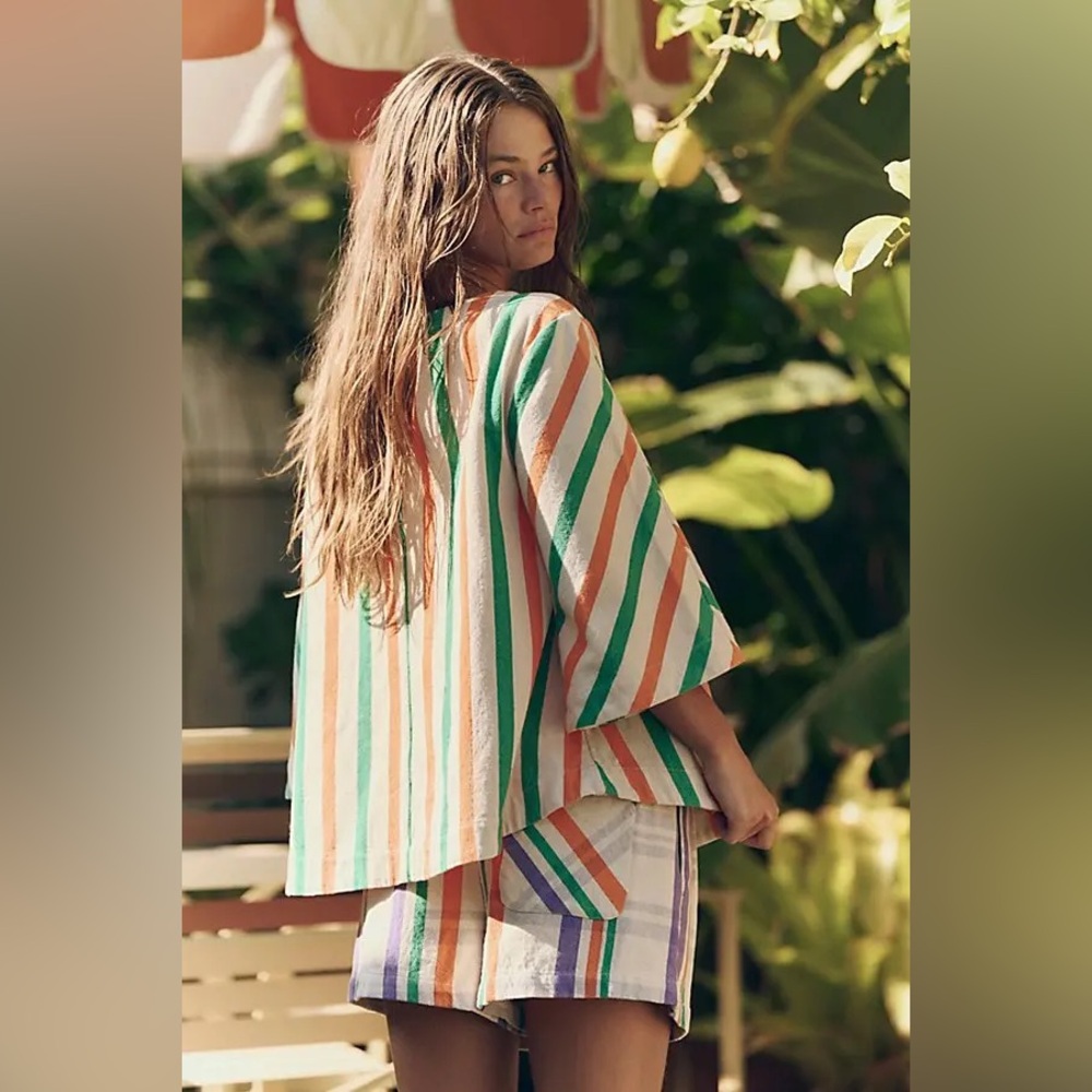 Free People Striped Athletic Shorts in Green, Pink, Cream - Picture 2 of 4
